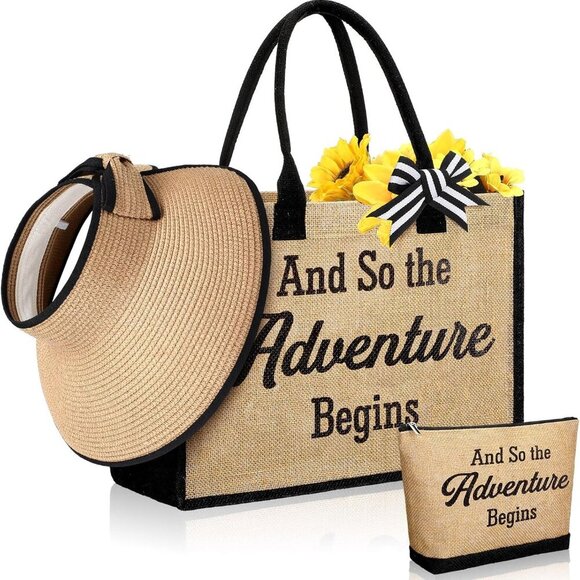 Beach Bag Set Canvas Tote Sun Visor Makeup Bag for Travel Summer - Picture 1 of 7